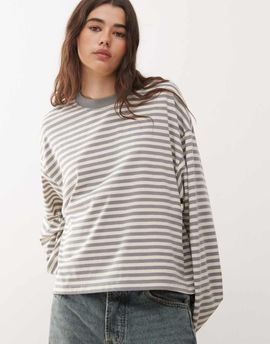 Lioness Lioness Bloom cotton blend long sleeve crew neck boxy T-shirt in ash stripe-Multi
