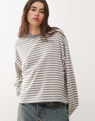 Lioness Lioness Bloom cotton blend long sleeve crew neck boxy T-shirt in ash stripe-Multi