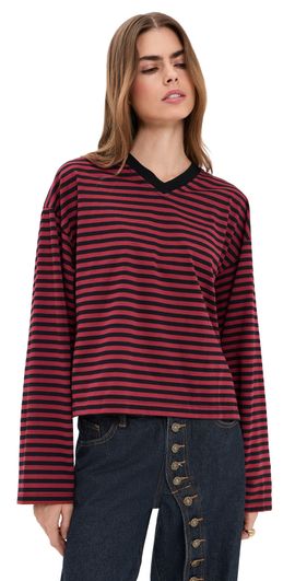 Lioness Lioness Bloom V Neck Long Sleeve Tee Cherry Ink Stripe