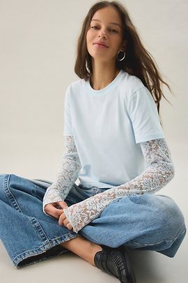 Lioness Lioness Bowen Double Layered Lace Long Sleeve Tee in Light Blue, Women's at Urban Outfitters