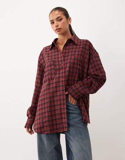 Lioness Clarity Oversized Shirt In Deep Red Plaid