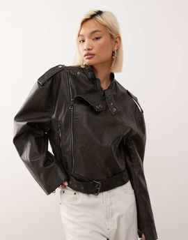 Lioness Lioness Driftwood faux leather structured wide sleeve buckle detail biker jacket in black