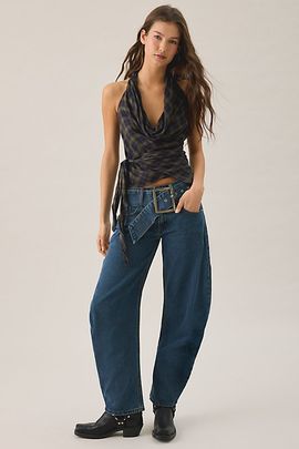 Lioness Lioness Dynasty Mid-Blue Belted Low-Rise Barrel Jeans in Mid/Blue, Women's at Urban Outfitters