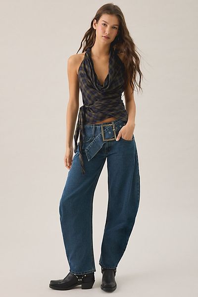 Lioness Lioness Dynasty Mid-Blue Belted Low-Rise Barrel Jeans in Mid/Blue, Women's at Urban Outfitters