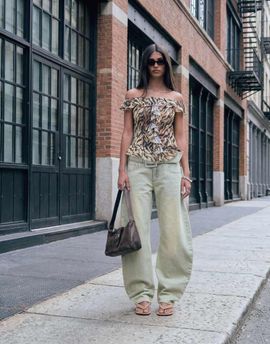 Lioness Lioness Dynasty wide belt detail barrel leg jeans in washed camel-Neutral
