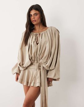 Lioness Lioness Elements petite linen rich drape detail balloon sleeve tie waist mini dress in beige-Neutral