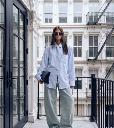 Lioness Lioness exclusive Chelsea cotton blend oversized shoulder pad detailing shirt with necktie in blue stripes