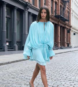 Lioness Lioness exclusive Elements high sheen chiffon drape detail balloon sleeve tie waist mini dress in aqua-Blue