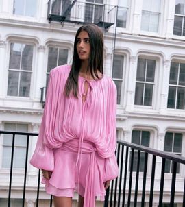 Lioness Lioness exclusive Elements high sheen chiffon drape detail balloon sleeve tie waist mini dress in dusky pink