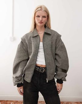 Lioness Lioness Exclusive Vista contrast stitch bomber jacket in ash tweed-Gray