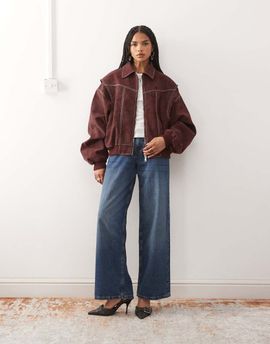 Lioness Lioness Exclusive Vista leather look contrast stitch bomber jacket in shiraz-Red