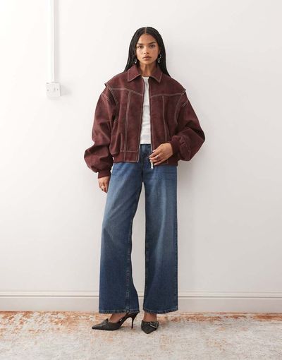 Lioness Lioness Exclusive Vista leather look contrast stitch bomber jacket in shiraz-Red