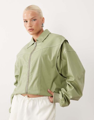 Lioness Lioness exclusive Vista leather look contrast stitch bomber jacket in soft khaki-Green