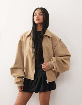 Lioness Lioness Exclusive Vista leather look contrast stitch bomber jacket in taupe-Brown