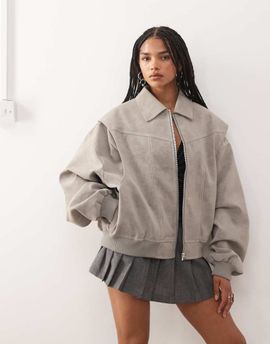 Lioness Lioness exclusive Vista leather look contrast stitch bomber jacket in taupe-Gray
