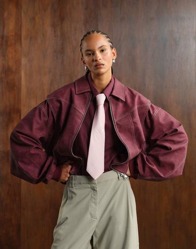 Lioness Lioness exclusive Vista leather look contrast stitch bomber jacket in wine red