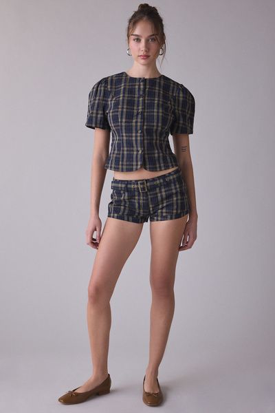 Lioness Lioness Femme Plaid Short Sleeve Button-Front Blouse in Navy Lemon Plaid, Women's at Urban Outfitters