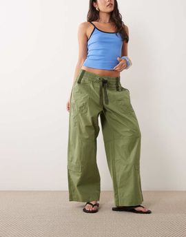 Lioness Lioness Fever cotton shirred tie waist wide leg utility pants in khaki-Green