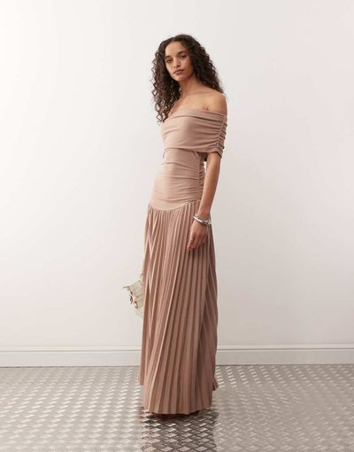 Lioness Lioness Field Of Dreams bardot ruched waist pleated drop hem maxi dress in mocha-Neutral