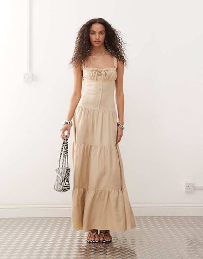 Lioness Lioness Heart Shaped linen blend milkmaid button detail tiered maxi dress in beige-Neutral
