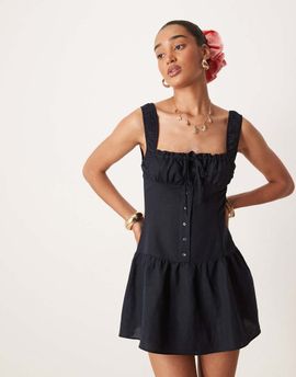 Lioness Lioness Heart Shaped linen blend milkmaid tie front button detail gathered skirt mini dress in navy