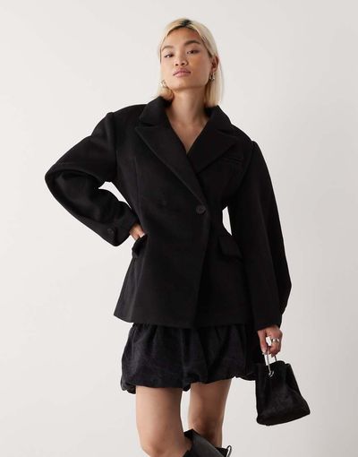 Lioness Lioness heart shaped wool touch double breasted cinched waist barrel sleeve coat in black