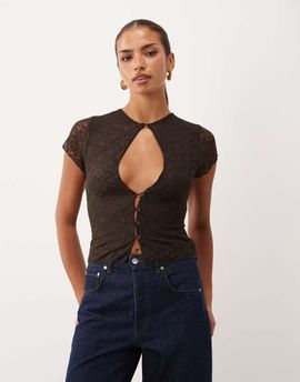 Lioness Lioness keyhole cap sleeve lace top in chocolate brown