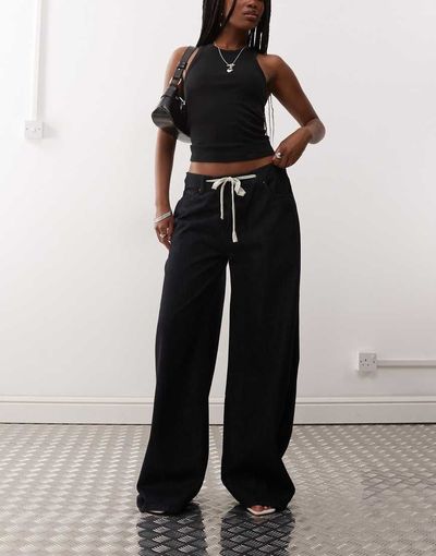 Lioness Lioness Muse low rise wide leg tie detail jean in rinse wash-Navy