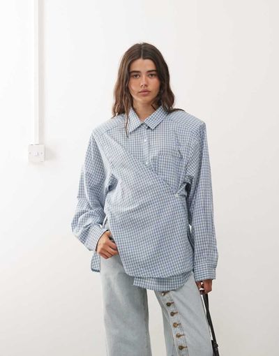 Lioness Lioness Notting Hill cotton oversized shoulder pad detailing multiway button front shirt in baby blue plaid