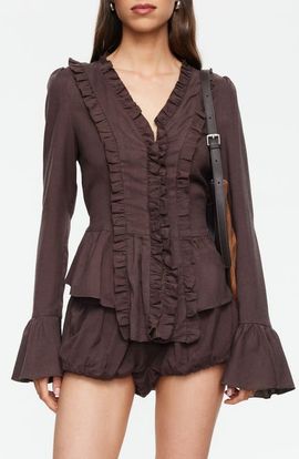 LIONESS LIONESS Odette Ruffle Bell Sleeve Tie Back Linen Blend Top