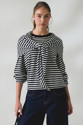 Lioness Lioness Olsen Scarf Detail Crew Neck Long Sleeve Top in Black/White, Women's at Urban Outfitters