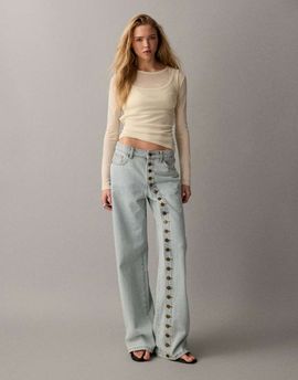 Lioness Lioness Penny asymmetric button detail relaxed leg jeans in light wash-Blue