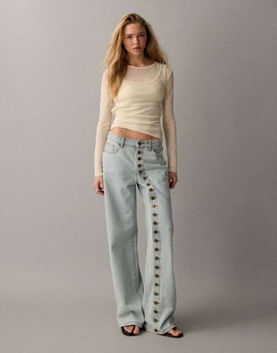 Lioness Lioness Penny asymmetric button detail relaxed leg jeans in light wash-Blue