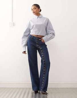 Lioness Lioness Penny asymmetric button detail relaxed leg jeans in mid wash-Blue