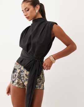 Lioness Lioness Penthouse funnel neck structured tie waist top in black - part of a set