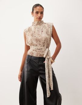 Lioness Lioness Penthouse funnel neck structured tie waist top in cream print-Multi