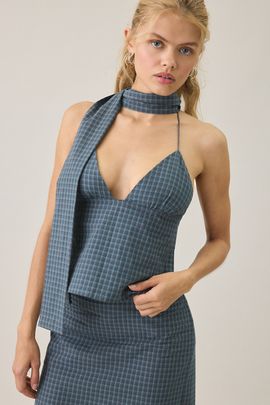 Lioness Lioness Play On Plaid Open-Back Halter Scarf Top in Navy, Women's at Urban Outfitters
