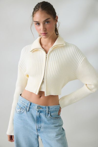 Lioness Lioness Priority Zip-Up Mock Neck Sweater in White, Women's at Urban Outfitters