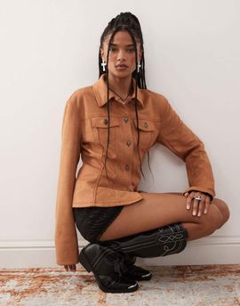 Lioness Lioness Rider faux suede cinch waist detail jacket in tan-Brown