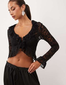 Lioness Lioness ruffle lace long sleeve top set in black