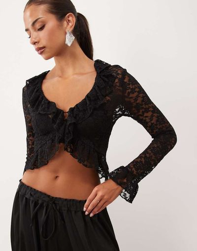 Lioness Lioness ruffle lace long sleeve top set in black