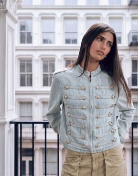 Lioness Lioness Rush Hour Napoleon button detail military jacket in lightwash denim-Blue