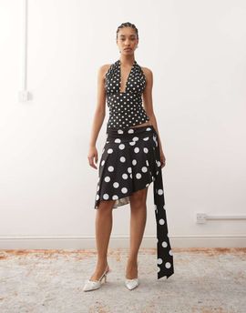 Lioness Lioness Safari slinky waist draped detail asymmetric hem skirt in black polka dots - part of a set-Multi