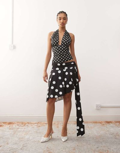 Lioness Lioness Safari slinky waist draped detail asymmetric hem skirt in black polka dots - part of a set-Multi