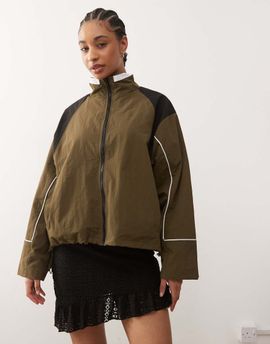 Lioness Lioness Shoreline contrast piping collar detail oversized windbreaker jacket in safari green
