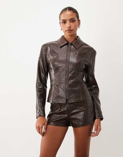 Lioness Lioness Soho woven faux leather collar detail fitted jacket in chocolate - part of a set-Brown
