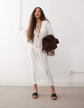 Lioness Lioness soiree plunge neck keyhole detail crochet beach midaxi dress in white