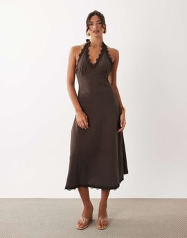 Lioness Lioness Stars Align linen rich halterneck lace trim low back midi dress in chocolate-Brown