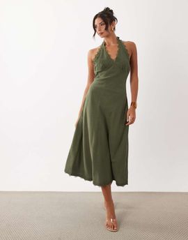 Lioness Lioness Stars Align linen rich halterneck lace trim low back midi dress in khaki-Green
