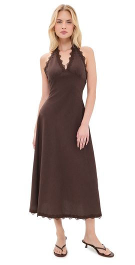 lioness halter neck back split midi dress in beige stripe Lioness Les Deux Halter Midi Dress